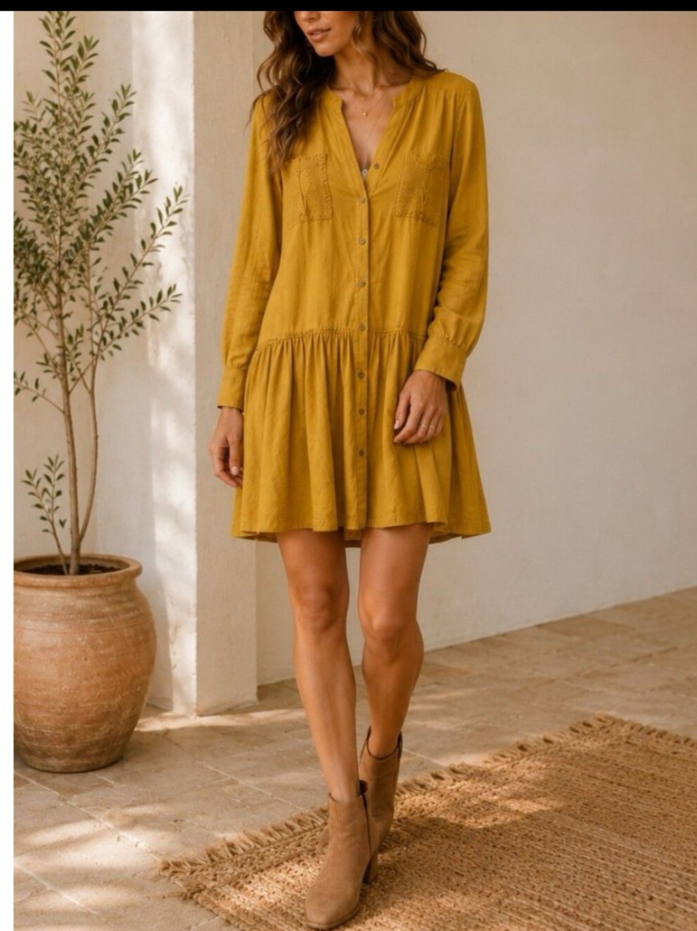 Anthropologie Maeve Mustard Yellow Long Sleeve Marlie Tunic Dress